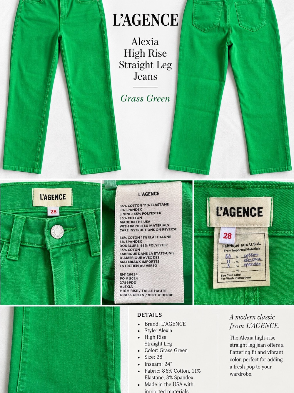 L'AGENCE Alexia High-Rise Straight Leg Jeans in Grass Green Size 28